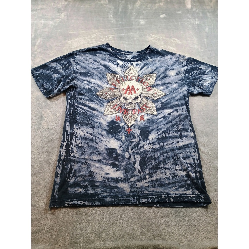 Affliction Mens Live Fast Skull Tee Blue Acid Wash XL Distressed Graphic